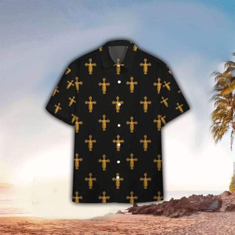 The Jesus Cross Pattern On Black Theme Christian Hawaiian Shirt The Jesus Cross Pattern On Black Theme Christian Hawaiian Shirt