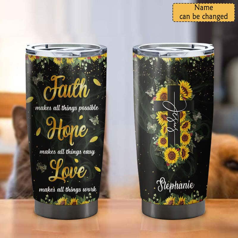 Personalized Christian Tumbler Faith Hope Love Christian Cross Sunflower