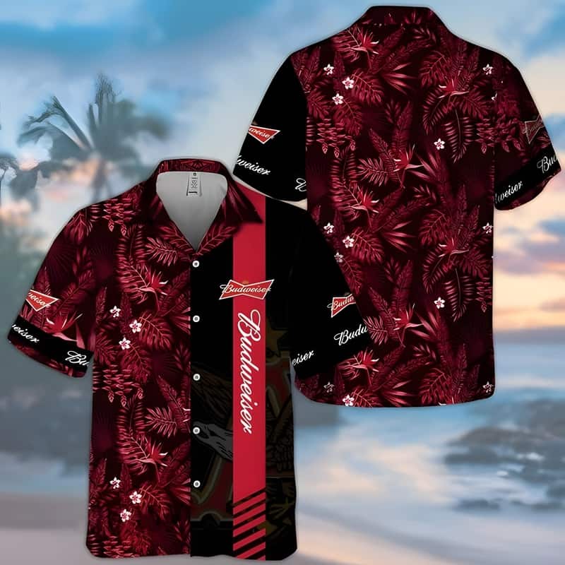 Budweiser Hawaiian Shirt Red Tropical Foliage Gift For Beer Enthusiast Budweiser Hawaiian Shirt Red Tropical Foliage Gift For Beer Enthusiast