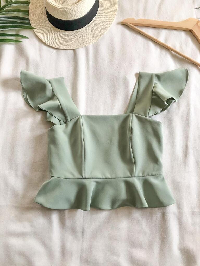 Green blouse sage green ruffle peplum crop top women summer look book top view lady shirt in vintage pale green fashion design layout stylish for girl handmade clothing vintage shirt, natural clothes Green blouse sage green ruffle peplum crop top women summer look book top view lady shirt in vintage pale green fashion design layout stylish for girl handmade clothing vintage shirt, natural clothes