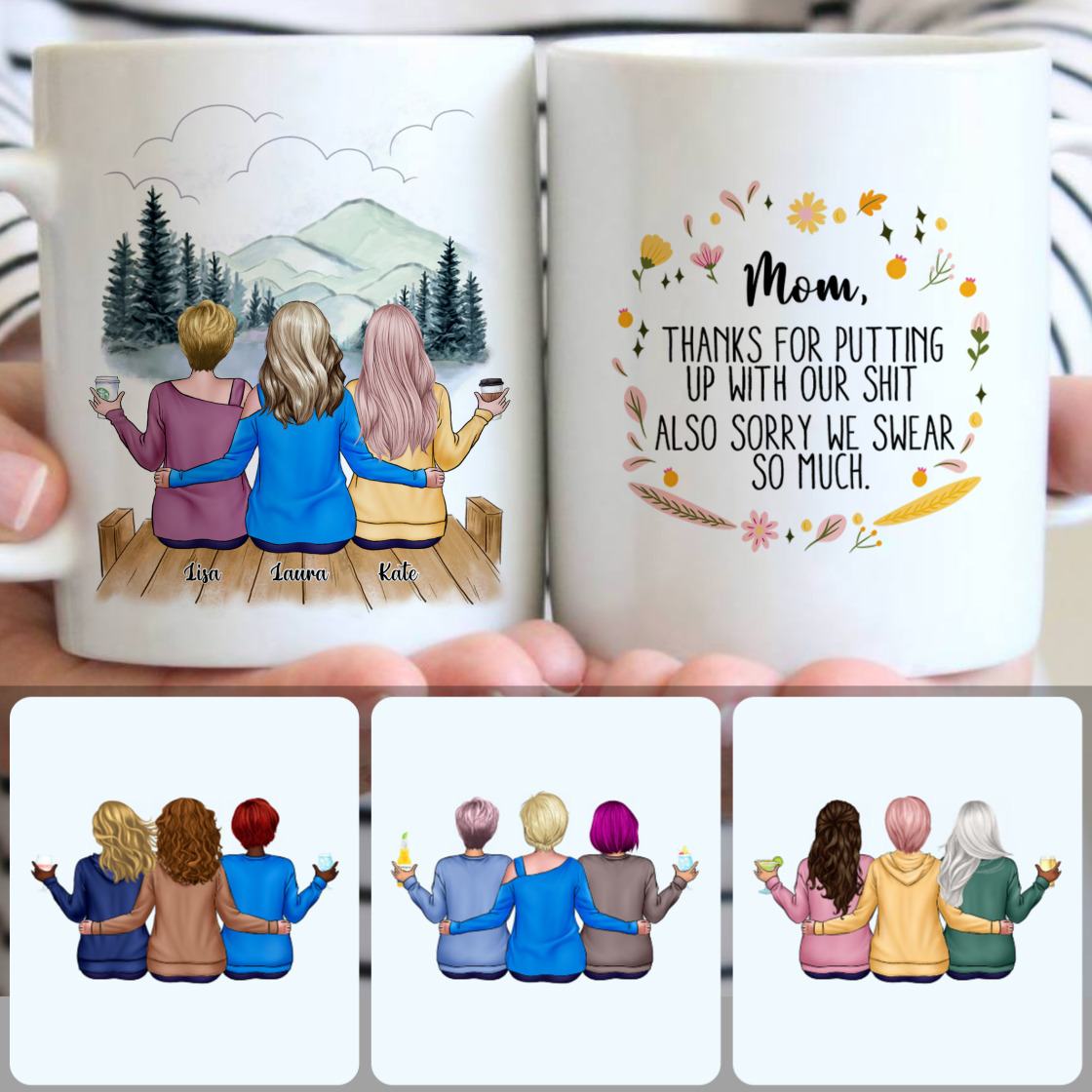 Personalized Mug, Perfect Thanksgiving Gifts, Mother & 2 Daughters Customized Coffee Mug With Names