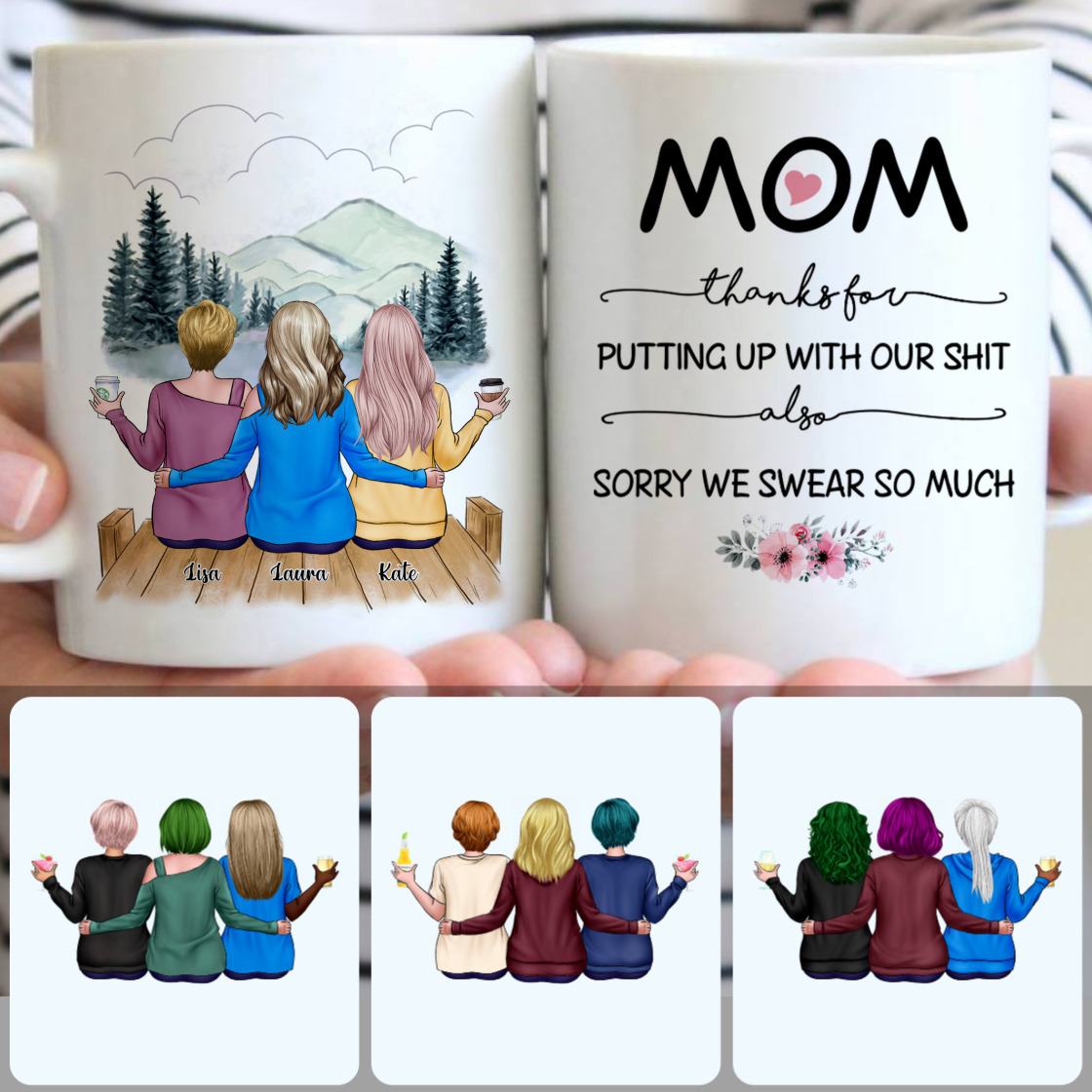 Personalized Mug, Unique Thanksgiving Gifts, Mother & 2 Daughters Customized Coffee Mug With Names