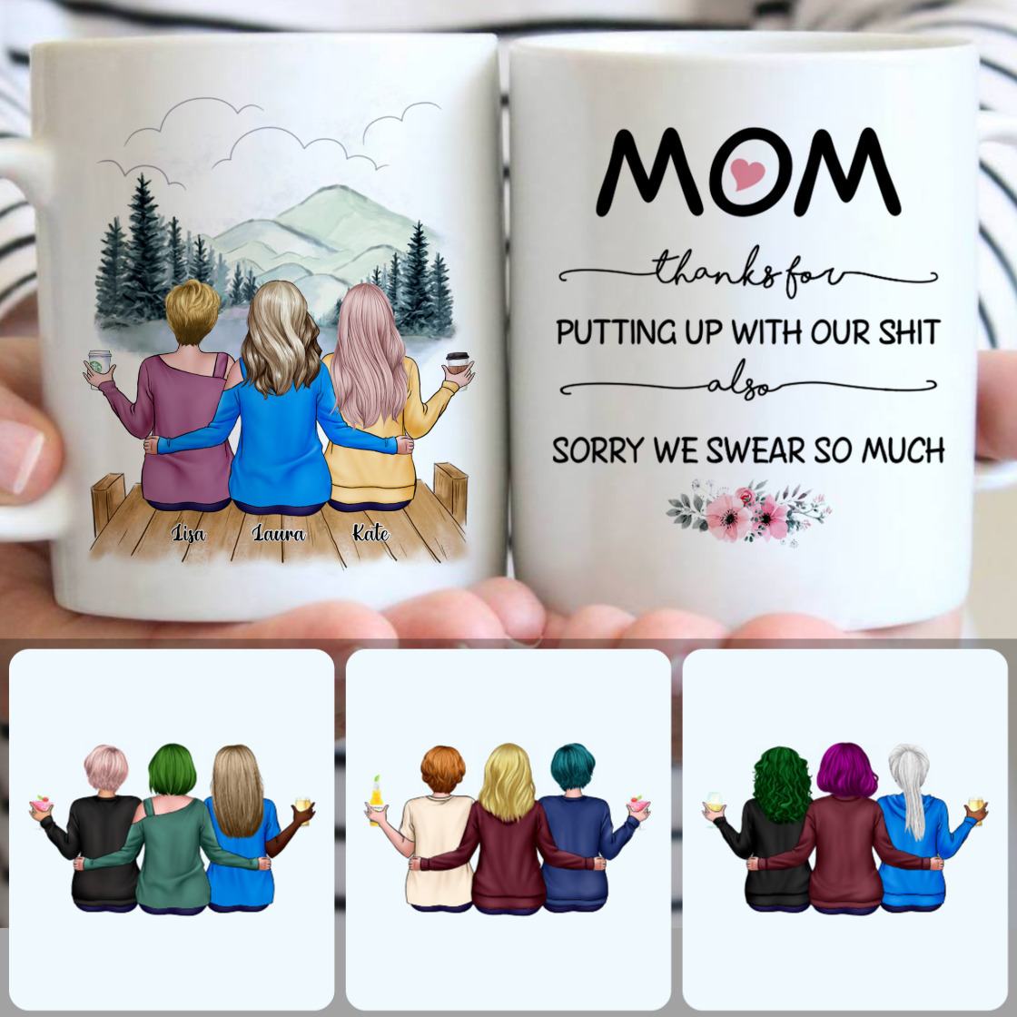 Personalized Mug, Unique Thanksgiving Gifts, Mother & 2 Daughters Customized Coffee Mug With Names Personalized Mug, Unique Thanksgiving Gifts, Mother & 2 Daughters Customized Coffee Mug With Names