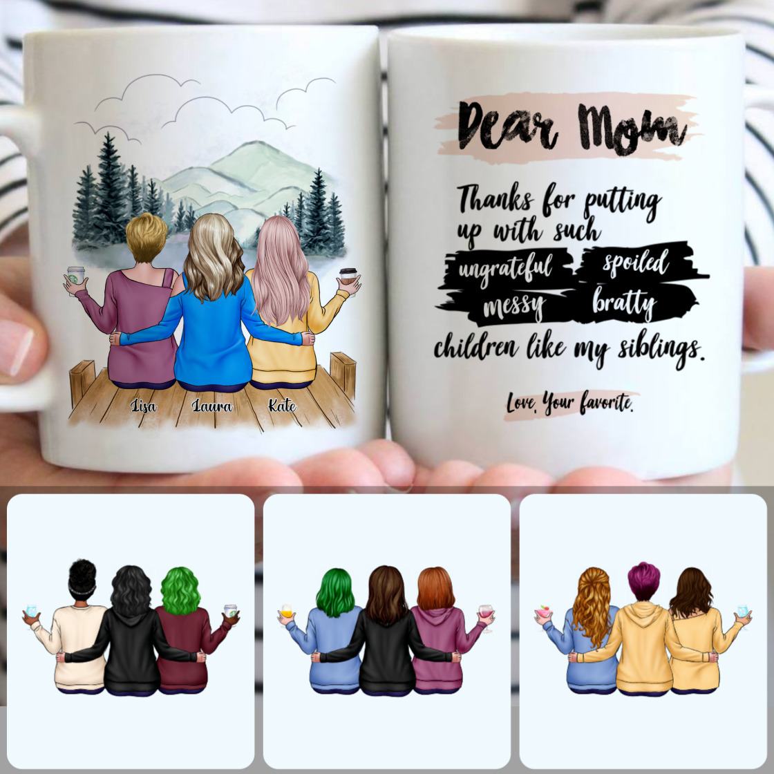 Personalized Mug, Special Birthday Gifts, Mother & 2 Daughters Customized Coffee Mug With Names