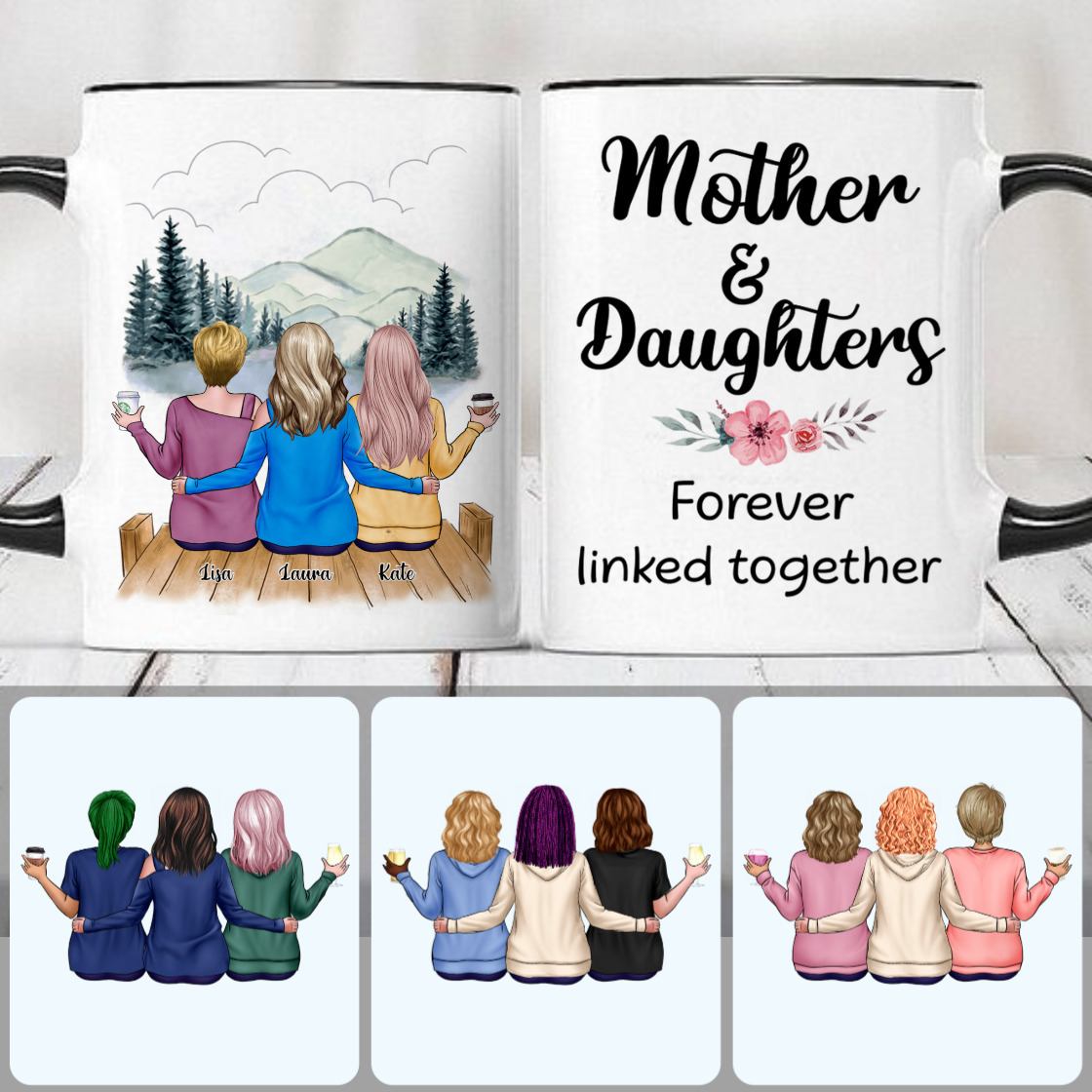 Personalized Accent Mug, Best Mother's Day Gifts, Mother & 2 Daughters Customized Coffee Mug With Names