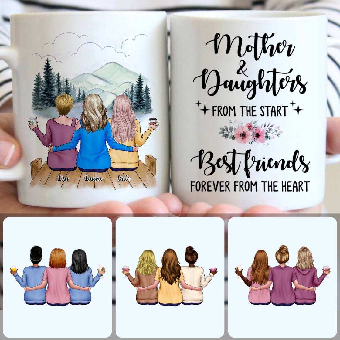 Personalized Mug, Meaningful Birthday Gifts, Mother & 2 Daughters Customized Coffee Mug With Names