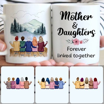 Mother & 4 Daughters Customized Coffee Mug With Names, Personalized Mug, Unique Gifts For Mom