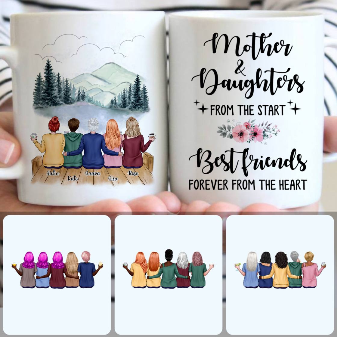 Personalized Mug, Best Gifts For Mom, Mother & 4 Daughters Customized Coffee Mug With Names