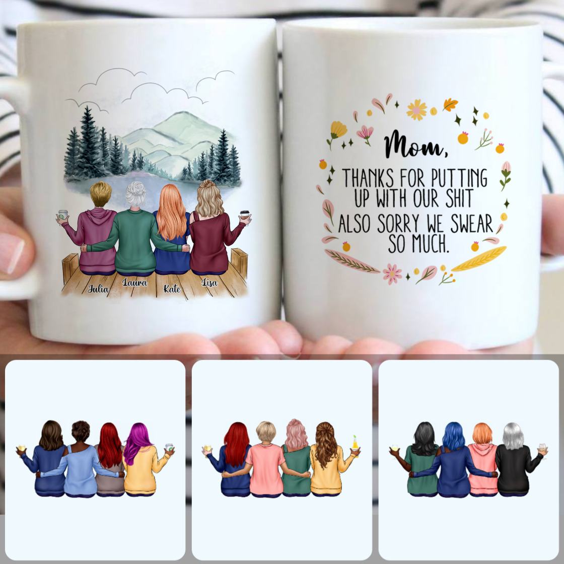 Personalized Mug, Perfect Mother's Day Gifts, Mother & 3 Daughters Customized Coffee Mug With Names