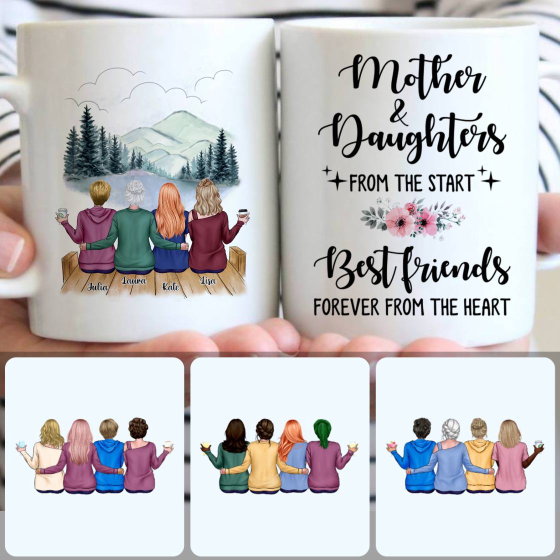 Personalized Mug, Memorial Gifts For Stepmom, Mother & 3 Daughters Customized Coffee Mug With Names