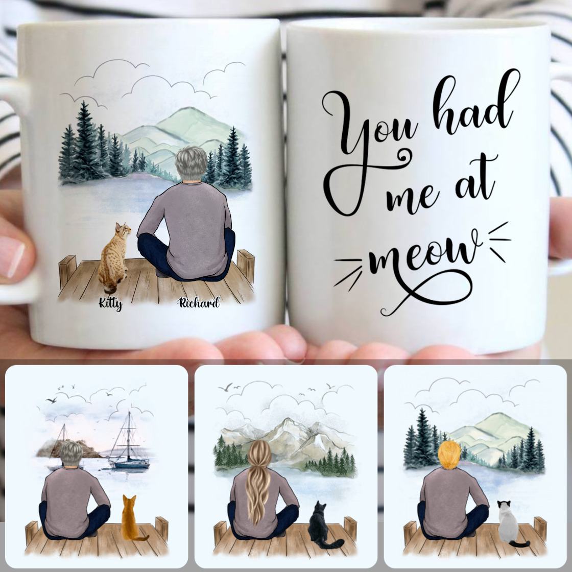 Personalized Mug, Perfect Gifts For Cat Owner, Man & Cat Customized Coffee Mug With Names
