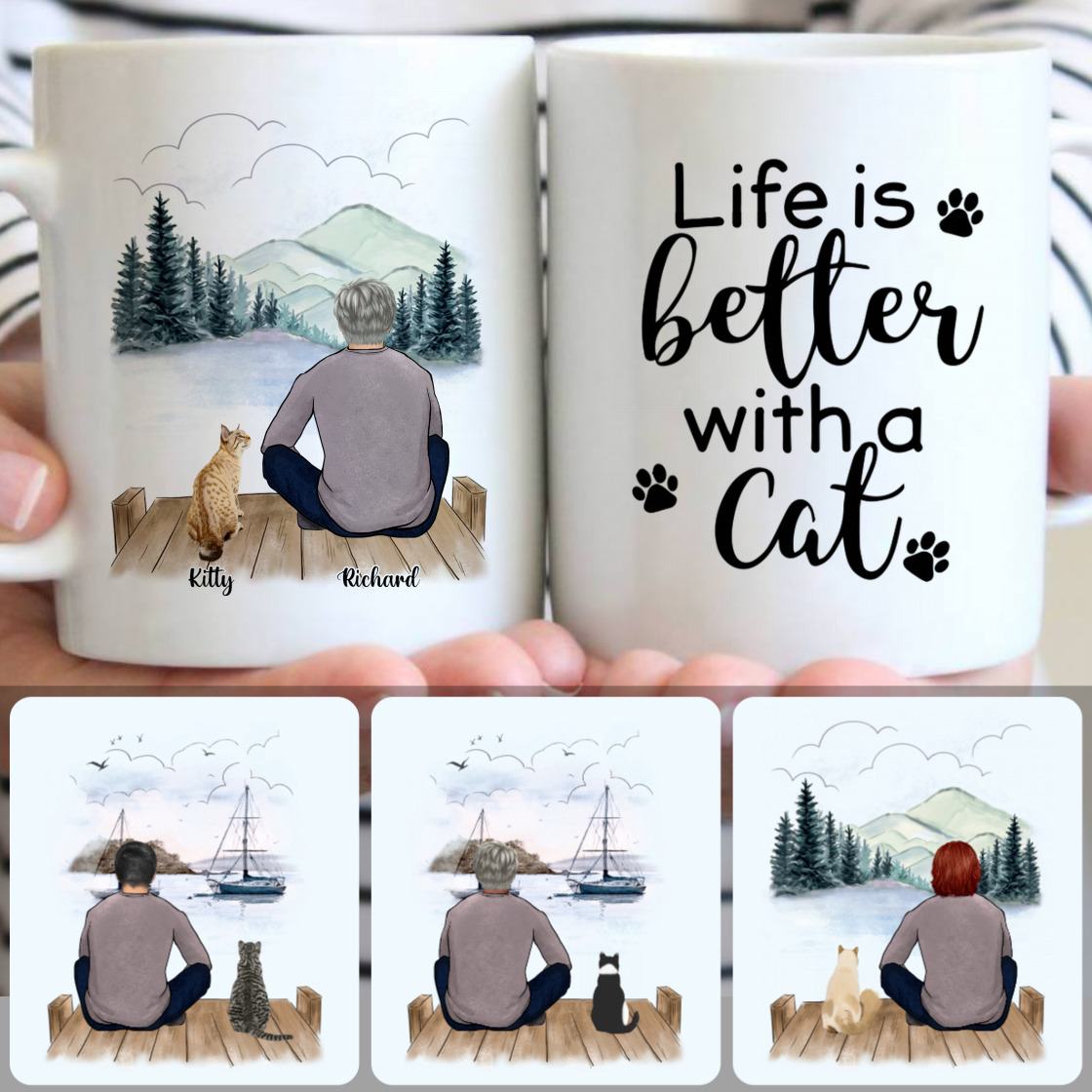 Personalized Mug, Creative Gifts For Best Friends Bestie, Man & Cat Customized Coffee Mug With Names