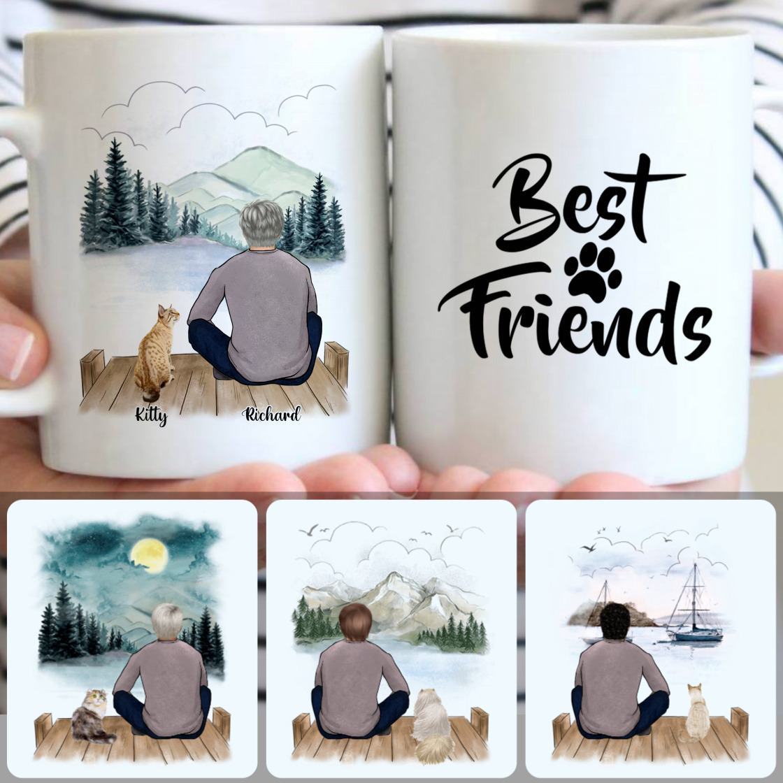 Personalized Mug, Special Gifts For Brothers, Man & Cat Customized Coffee Mug With Names