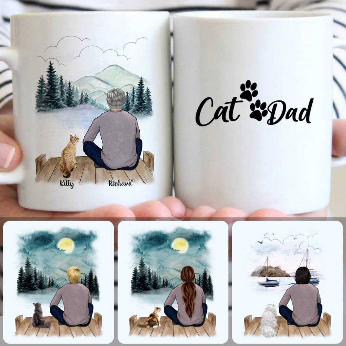 Personalized Mug, Perfect Gifts For Father Dad Papa, Man & Cat Customized Coffee Mug With Names