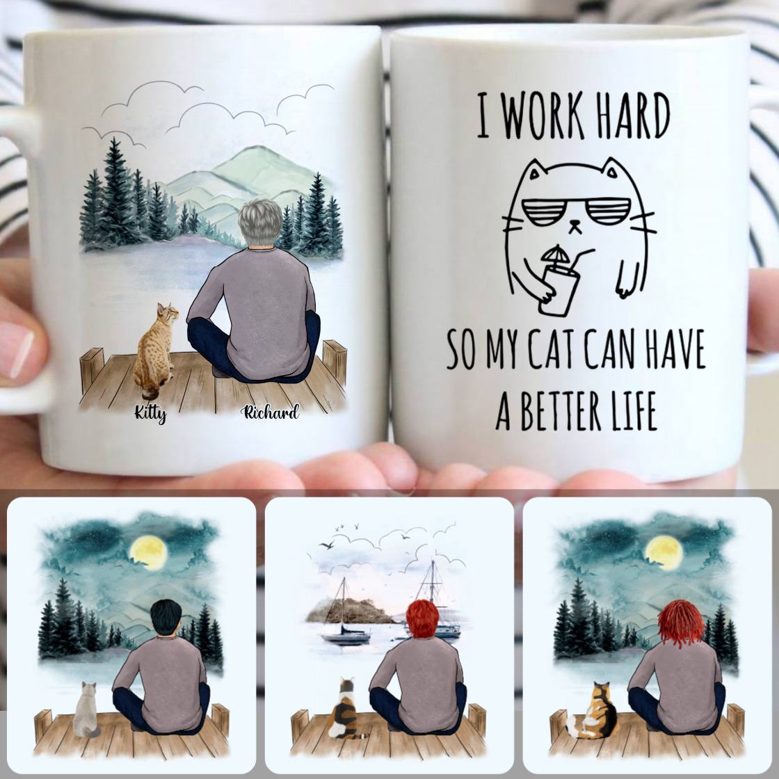 Personalized Mug, Unique Gifts For Cat Lovers, Man & Cat Customized Coffee Mug With Names