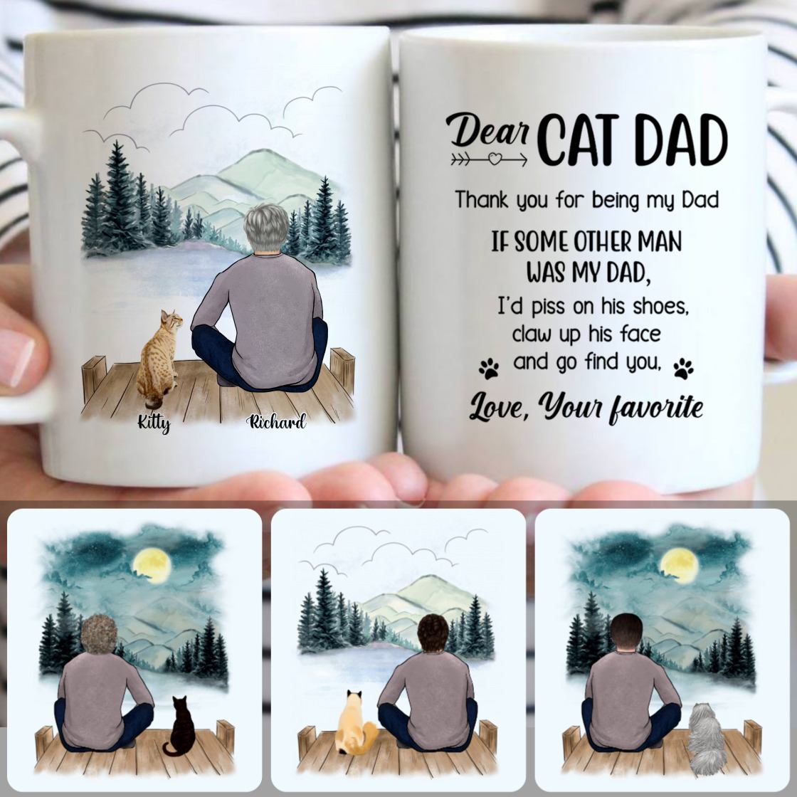 Personalized Mug, Memorial Birthday Gifts, Man & Cat Customized Coffee Mug With Names