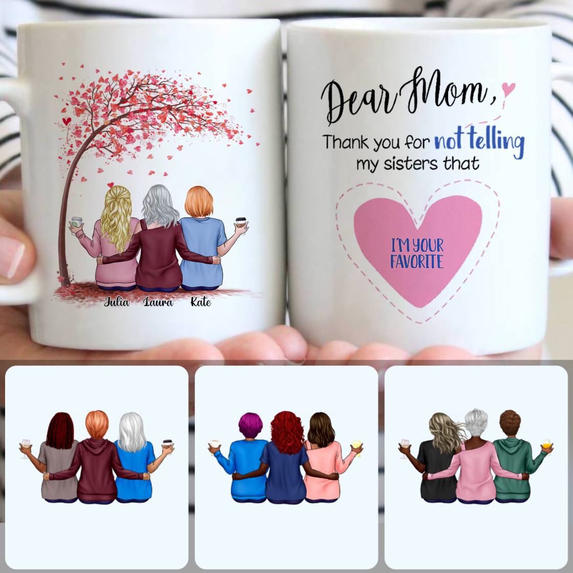 Personalized Mug, Meaningful Mother's Day Gifts, Mother & 2 Daughters Customized Coffee Mug With Names