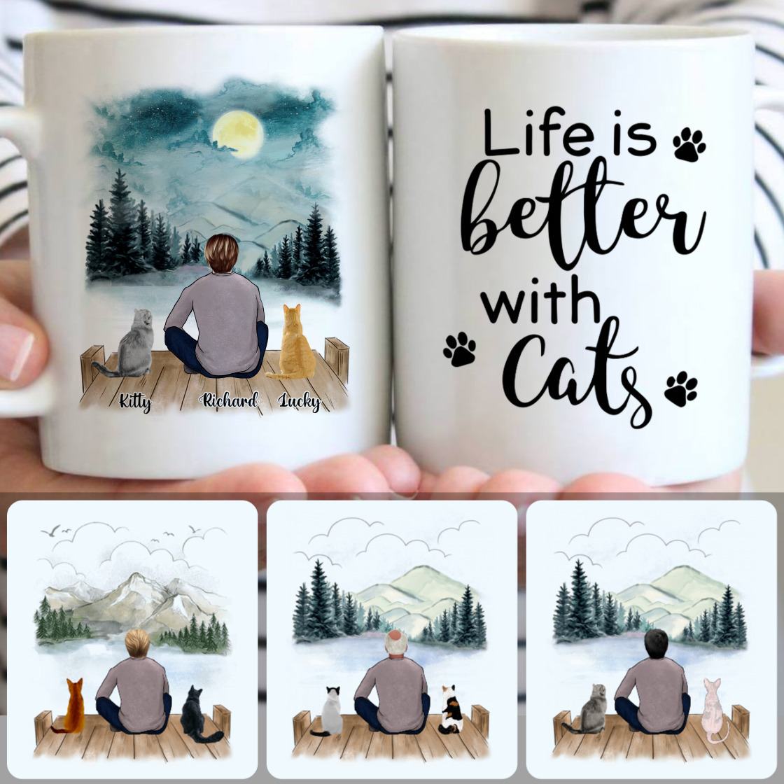 Personalized Mug, Special Gifts For Brothers, Man & 2 Cats Customized Coffee Mug With Names