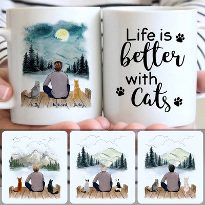 Man & 2 Cats Customized Coffee Mug With Names, Personalized Mug, Special Gifts For Brothers