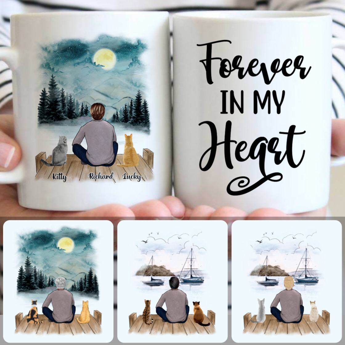 Personalized Mug, Memorial Gifts For Him Husband Boyfriend, Man & 2 Cats Customized Coffee Mug With Names