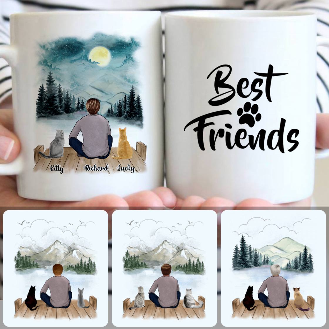 Personalized Mug, Special Gifts For Best Friends Bestie, Man & 2 Cats Customized Coffee Mug With Names