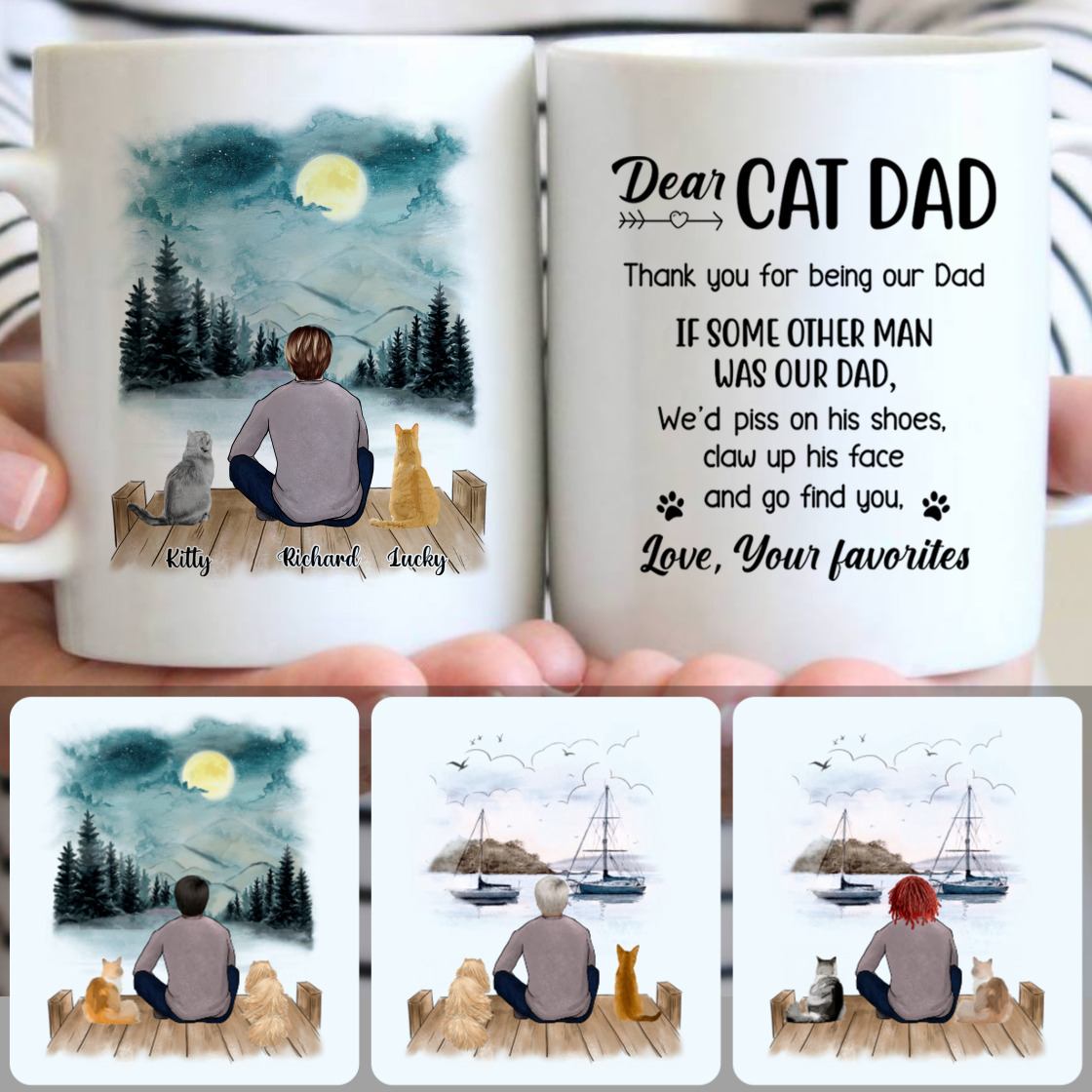 Personalized Mug, Unique Gifts For Father Dad Papa, Man & 2 Cats Customized Coffee Mug With Names