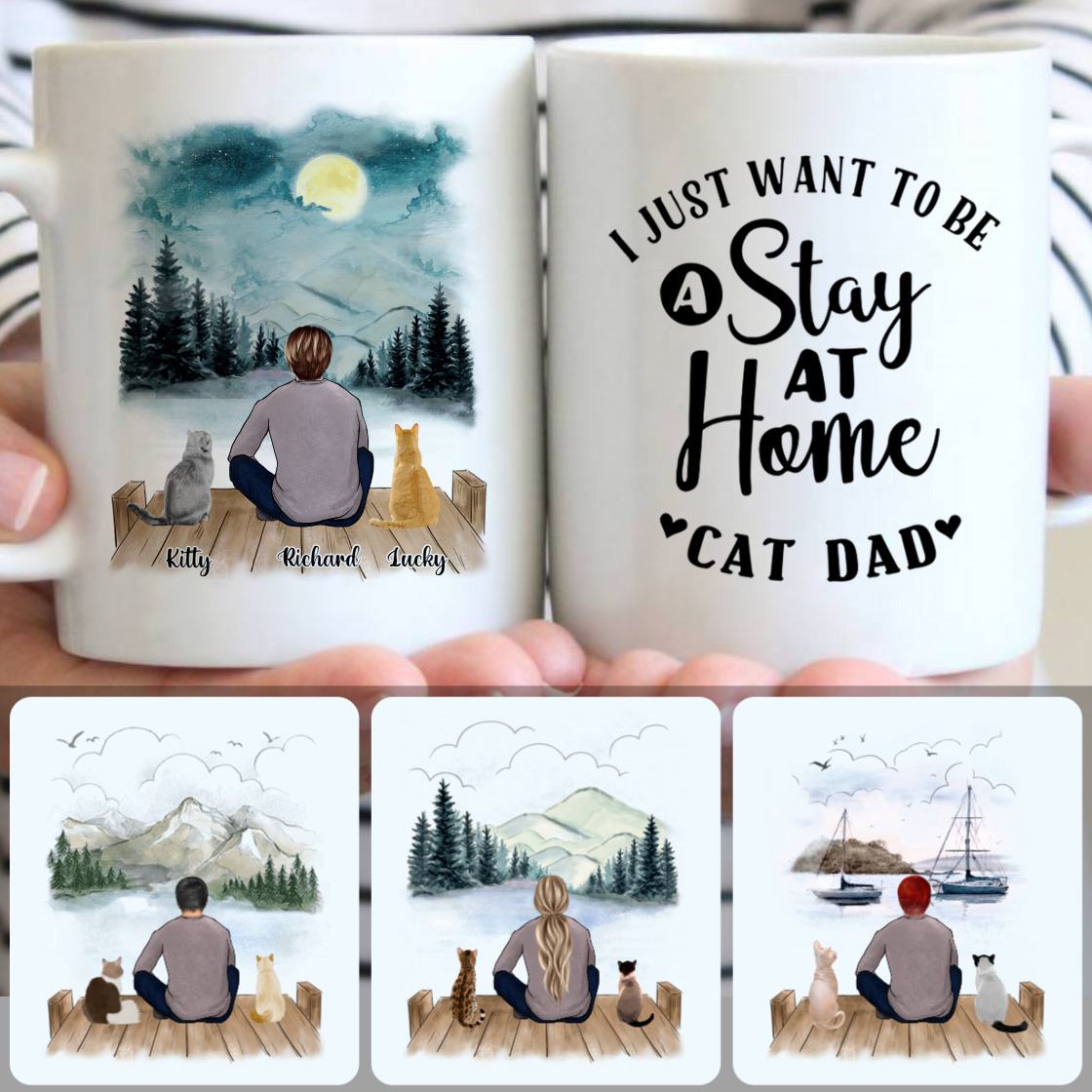 Personalized Mug, Unique Gifts For Cat Dad, Man & 2 Cats Customized Coffee Mug With Names