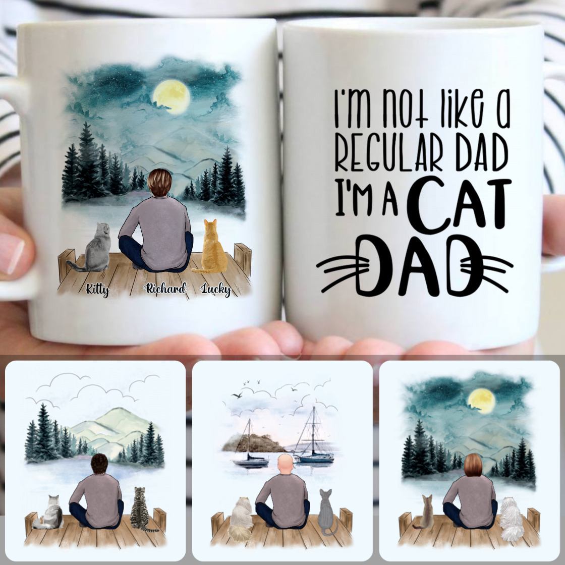 Personalized Mug, Best Gifts For Cat Lovers, Man & 2 Cats Customized Coffee Mug With Names