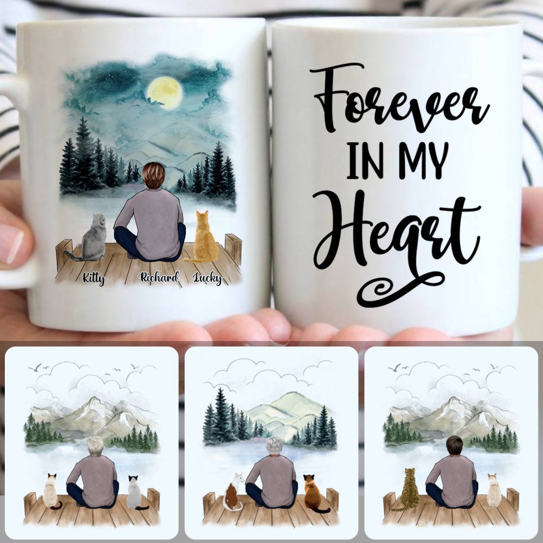 Personalized Mug, Meaningful Birthday Gifts, Man & 2 Cats Customized Coffee Mug With Names