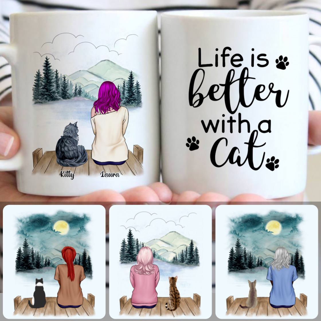 Personalized Mug, Meaningful Gifts For Her Wife Girlfriend, Girl & Cat Customized Coffee Mug With Names