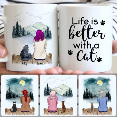 Girl & Cat Customized Coffee Mug With Names, Personalized Mug, Meaningful Gifts For Her Wife Girlfriend