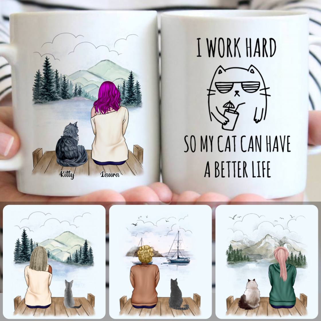 Personalized Mug, Memorial Gifts For Grandma Nana Grandmother, Girl & Cat Customized Coffee Mug With Names