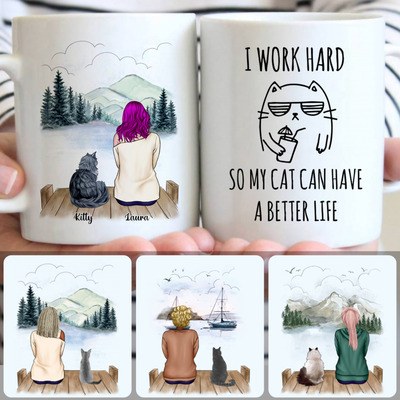 Girl & Cat Customized Coffee Mug With Names, Personalized Mug, Memorial Gifts For Grandma Nana Grandmother