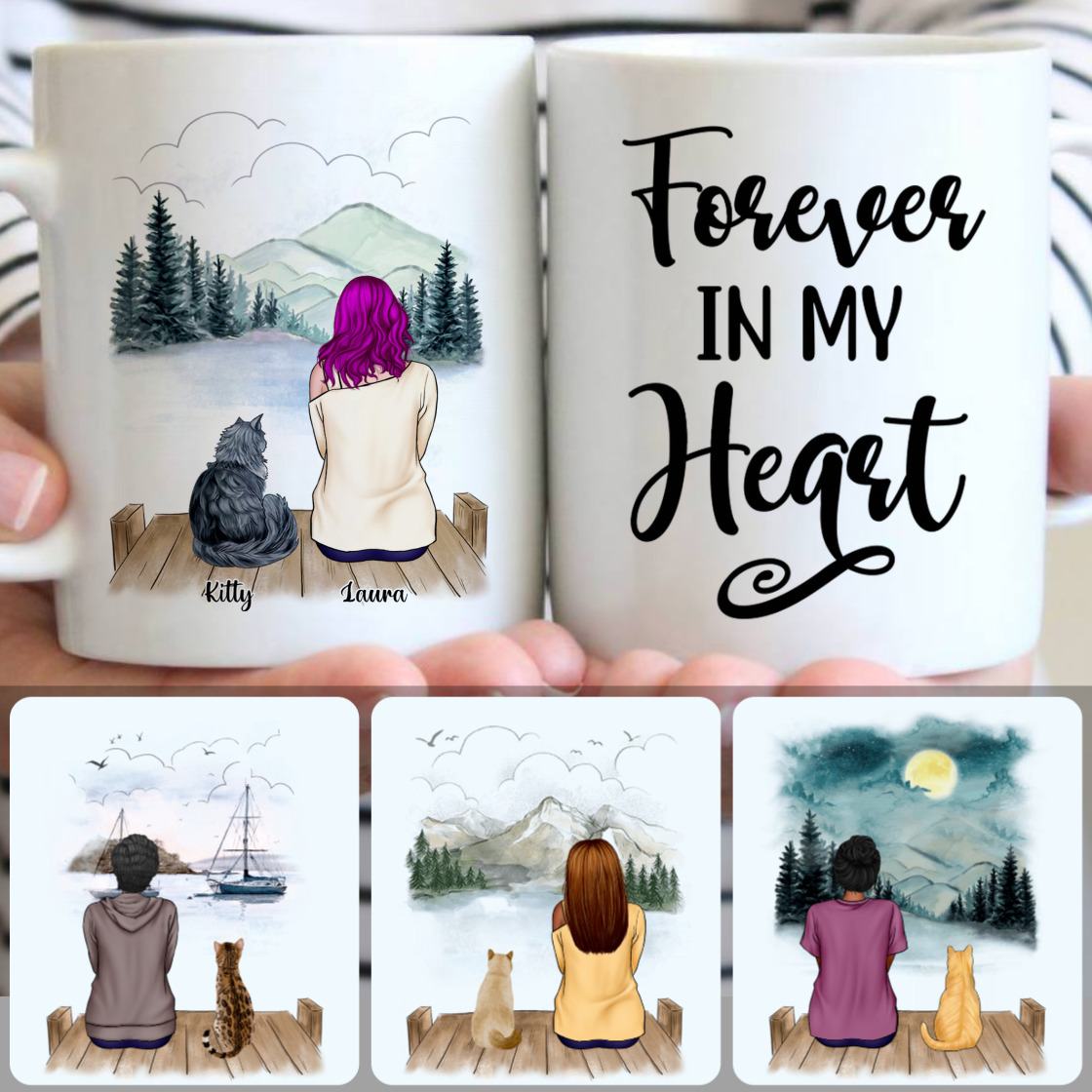Personalized Mug, Memorial Birthday Gifts, Girl & Cat Customized Coffee Mug With Names