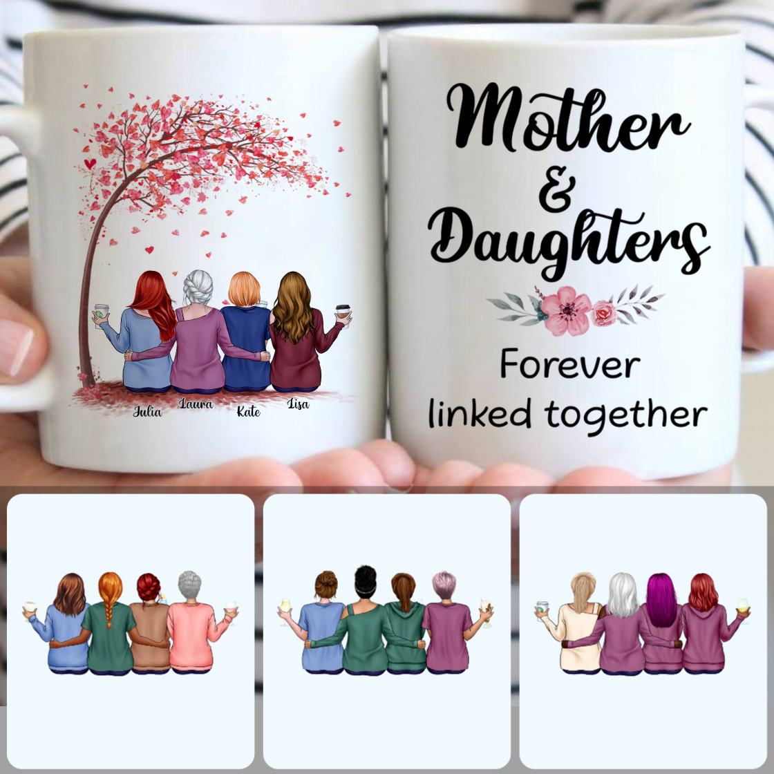 Personalized Mug, Special Gifts For Daughters, Mother & 3 Daughters Customized Coffee Mug With Names