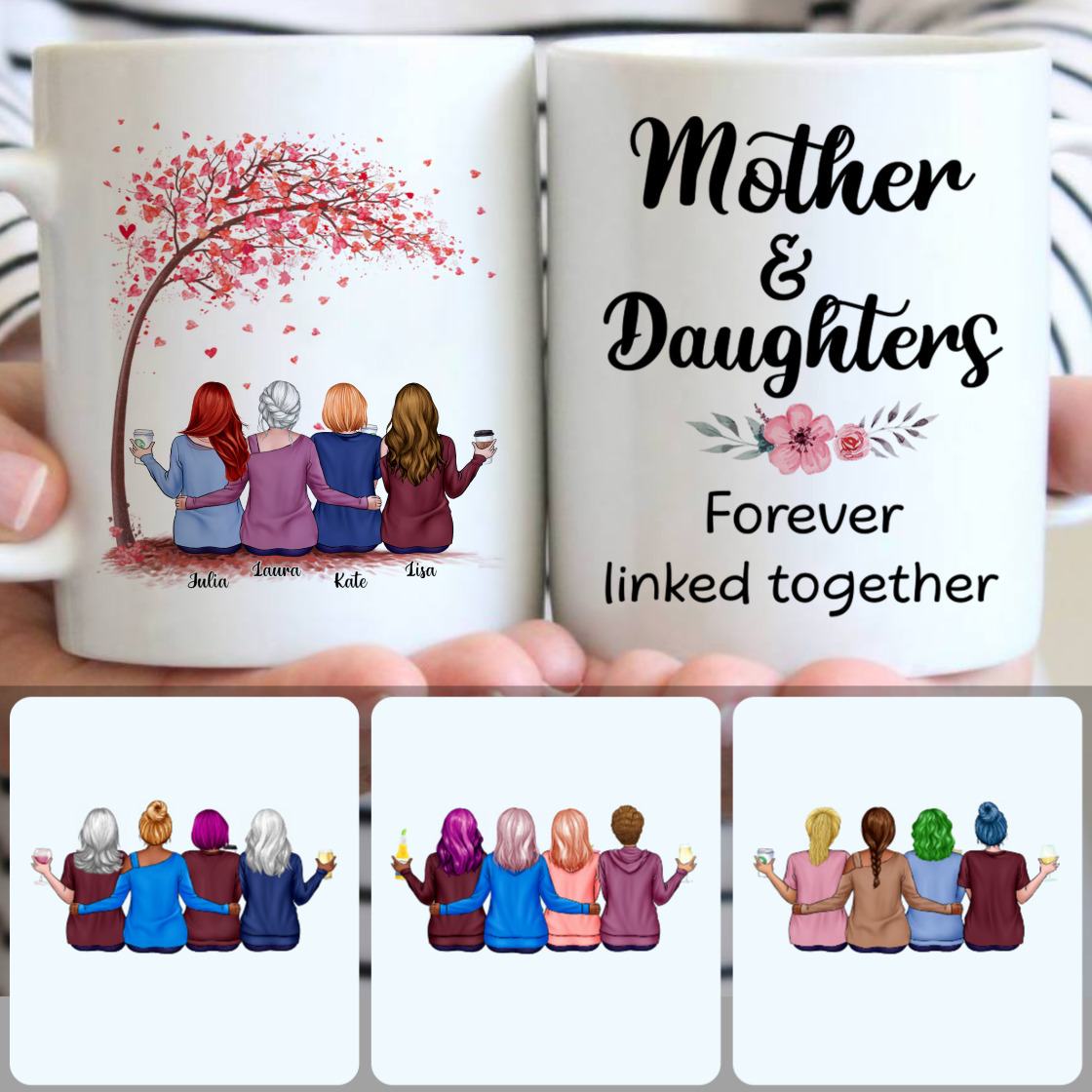 Personalized Mug, Unique Gifts For Mom, Mother & 3 Daughters Customized Coffee Mug With Names