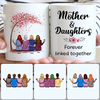 Mother & 3 Daughters Customized Coffee Mug With Names, Personalized Mug, Memorial Gifts For Stepmom
