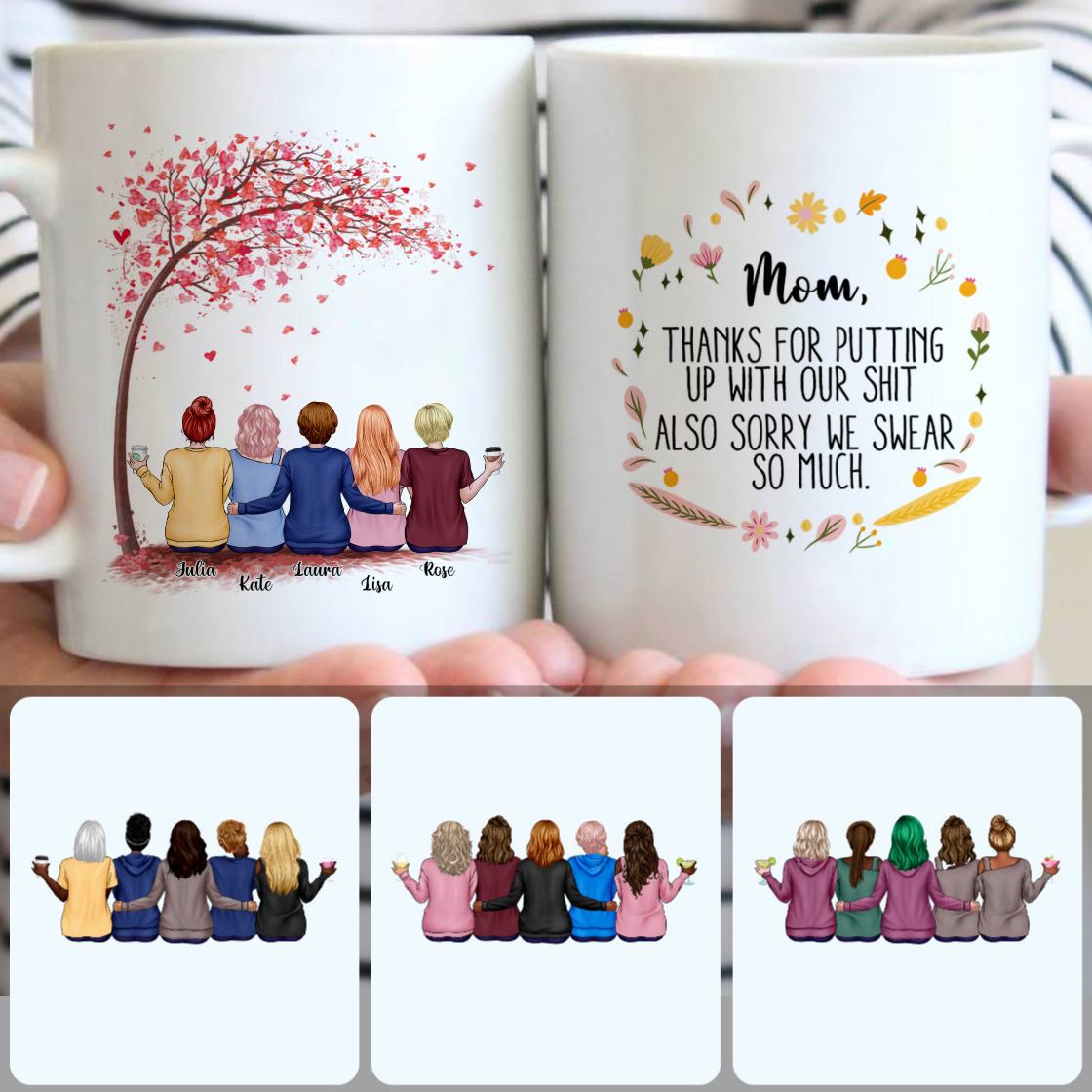 Personalized Mug, Perfect Gifts For Mom, Mother & 4 Daughters Customized Coffee Mug With Names