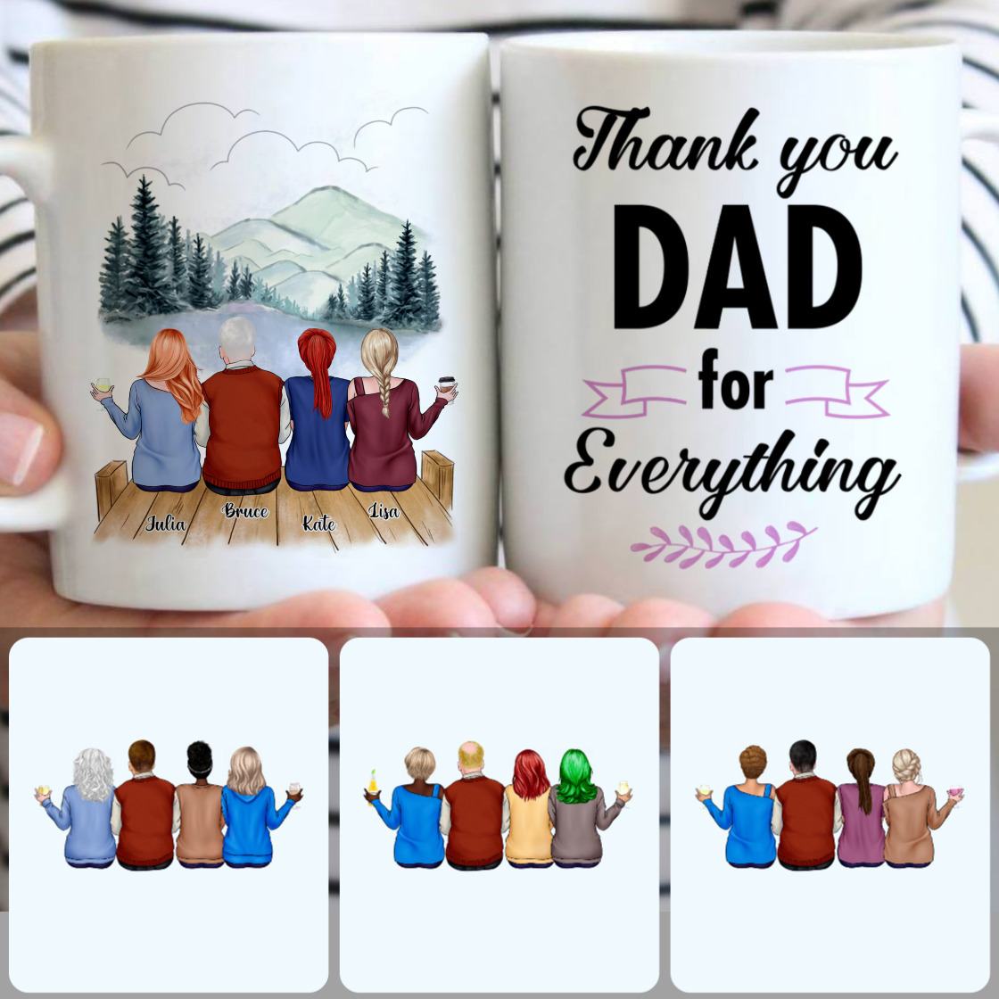 Personalized Mug, Special Gifts For Dad Papa, Father & 3 Daughters Customized Coffee Mug With Names