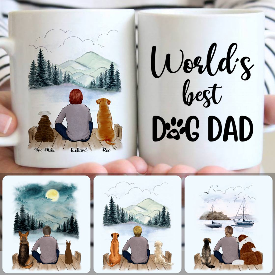 Personalized Mug, Memorial Birthday Gifts, Man & 2 Dogs Customized Coffee Mug With Names