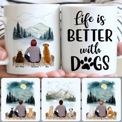 Man & 2 Dogs Customized Coffee Mug With Names, Personalized Mug, Memorial Gifts For Brothers