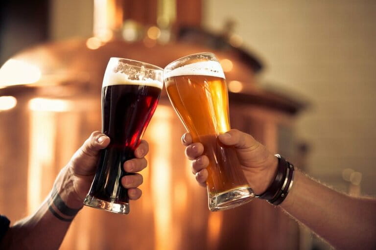 Friends toasting with beer glasses in the microbrewery Friends toasting with beer glasses in the microbrewery