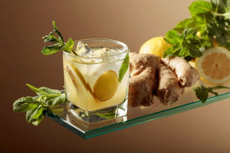 Ginger beer cocktail with lemon and mint in a frozen glass Ginger beer cocktail with lemon and mint in a frozen glass