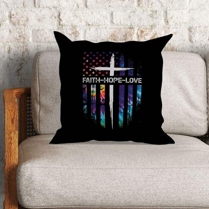 Christian US Flag Cross Faith Hope Love Christian Pillow