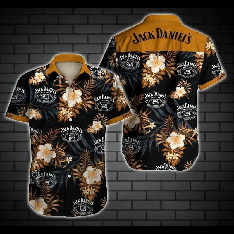 Jack Daniels Hawaiian Shirt Flowers On Dark Background