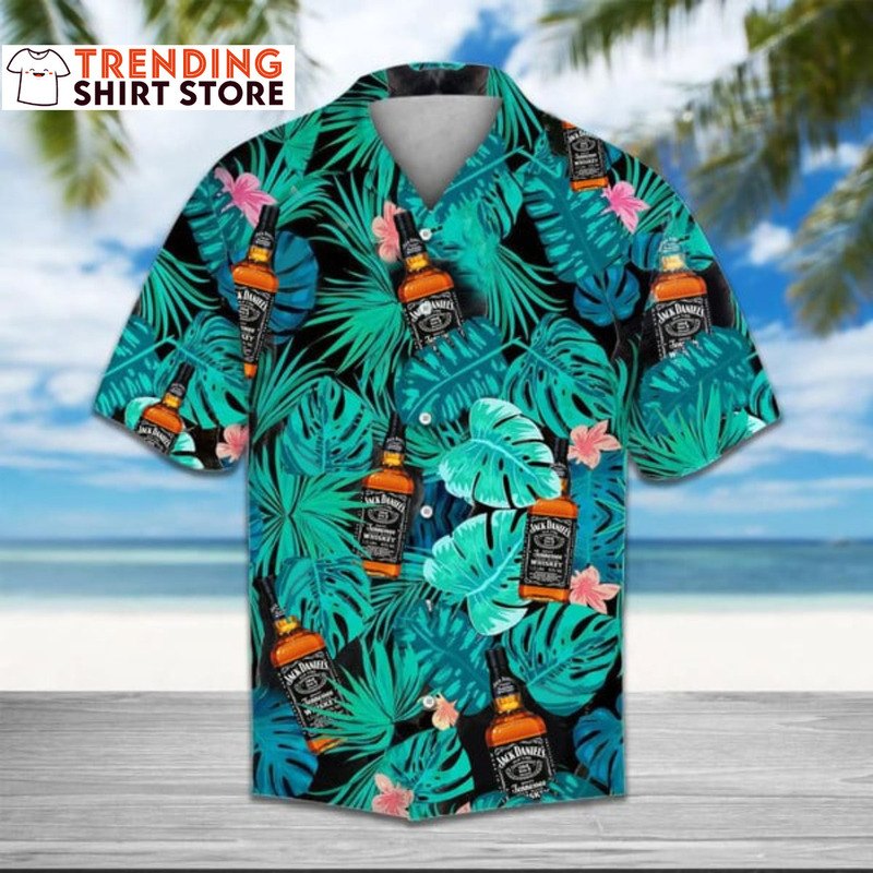 Jack Daniels Hawaiian Shirt Whiskey Tropical Leaves