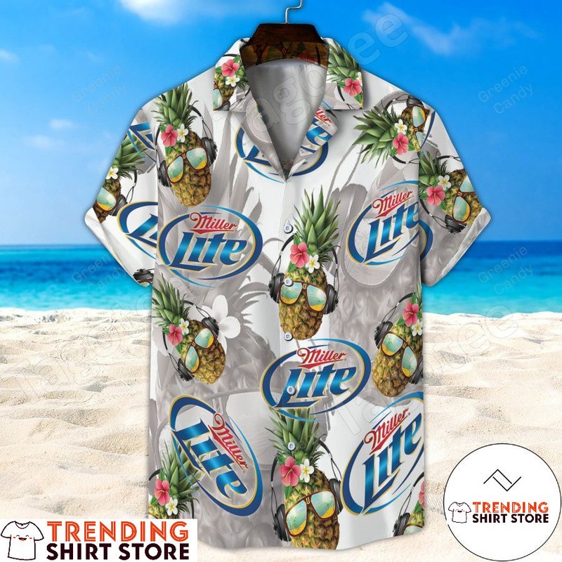 Miller Lite Hawaiian Shirt Music Loving Pineapples With Sunglasses Miller Lite Hawaiian Shirt Music Loving Pineapples With Sunglasses