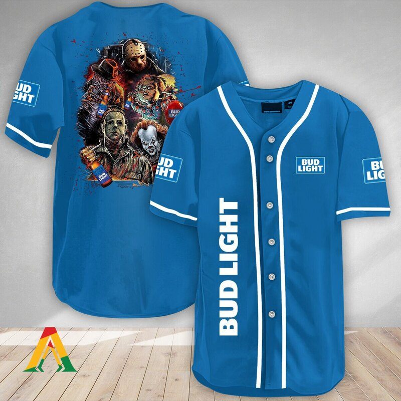 Bud Light Baseball Jersey Pennywise Chucky Freddy Jason Michael Myers Bud Light Baseball Jersey Pennywise Chucky Freddy Jason Michael Myers