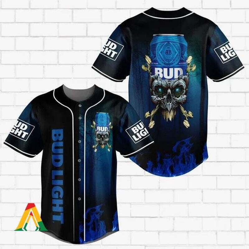 Bud Light Baseball Jersey Bud Skull On Blue Fire Gift For Beer Drinkers Bud Light Baseball Jersey Bud Skull On Blue Fire Gift For Beer Drinkers