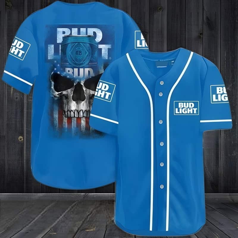Bud Light Baseball Jersey US Bud Flag Black Skull Bud Light Baseball Jersey US Bud Flag Black Skull